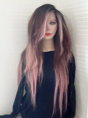 Long  EMO Wig gothic, wig  human hair mix black brown and pink.